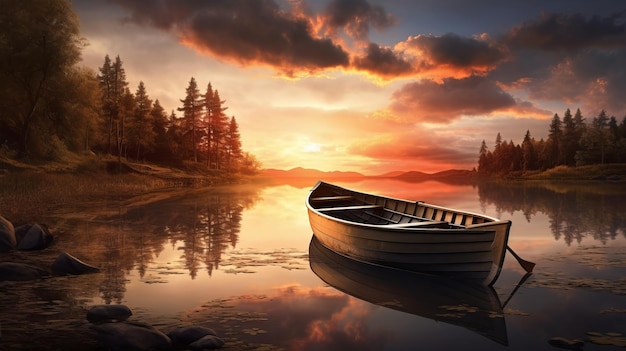 A picturesque representation of a rowing boat at the heart of a tranquil lake