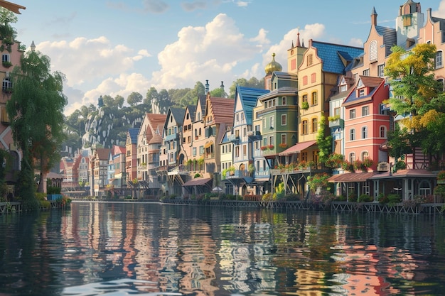 A picturesque riverside town with colorful buildin