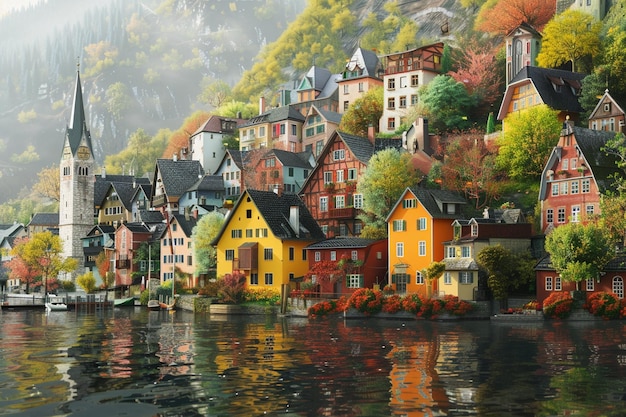 A picturesque riverside town with colorful buildin