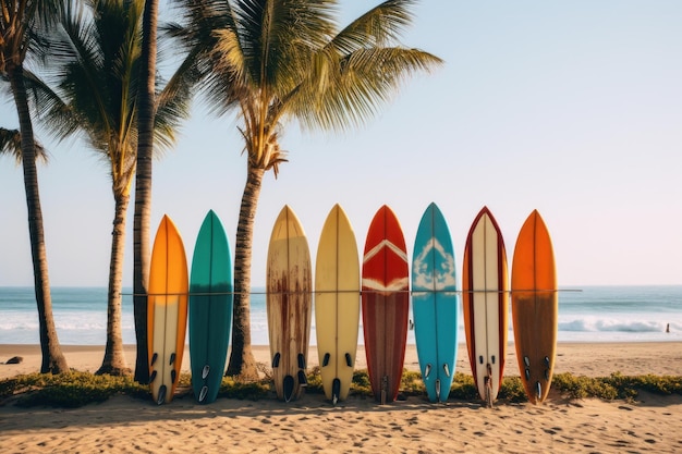 Photo picturesque row of surfboards on beach generate ai