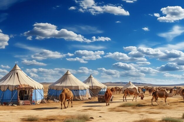 Picturesque rural landscape of central asia with camels and traditional tents typical scenery