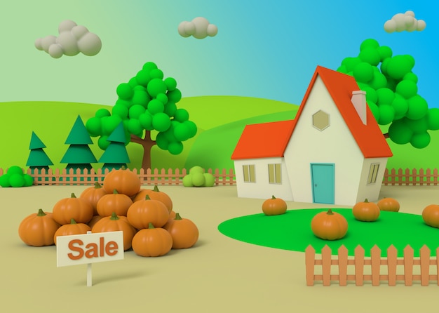 Picturesque rural landscape with harvest in cartoon style, 3D rendering