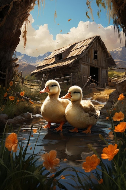 A picturesque rustic farm animal illustration