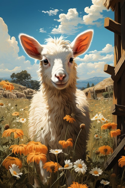 A picturesque rustic farm animal illustration