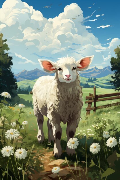 A picturesque rustic farm animal illustration