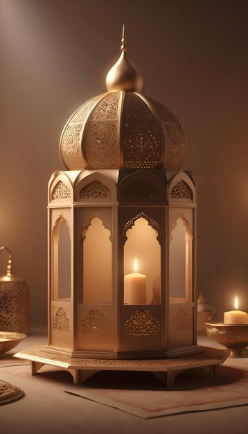 A picturesque scene captures a 3D Islamic lantern amidst the splendor of an Eid fitr celebration