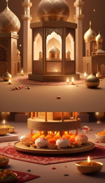 A picturesque scene captures a 3D Islamic lantern amidst the splendor of an Eid fitr celebration