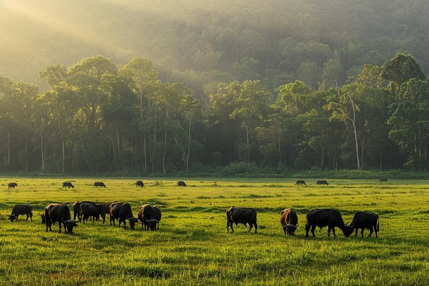 A picturesque scene of a herd of buffaloes peacefu generative ai