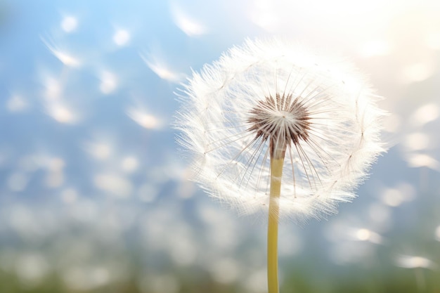 A picturesque scene of a meadow covered in dandelion blowballs creating a sea of white against a backdrop of lush greenery