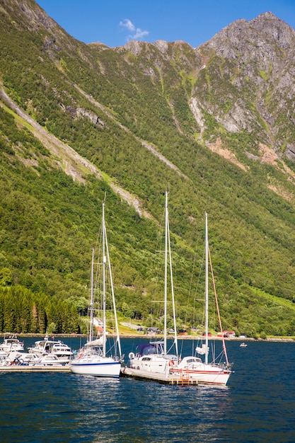 Picturesque scene of Urke village and Hjorundfjorden fjord, Norway.