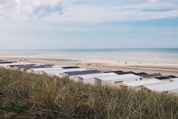 Photo picturesque seashore landscape with blue waves, green grass and beach houses. peaceful state of mind