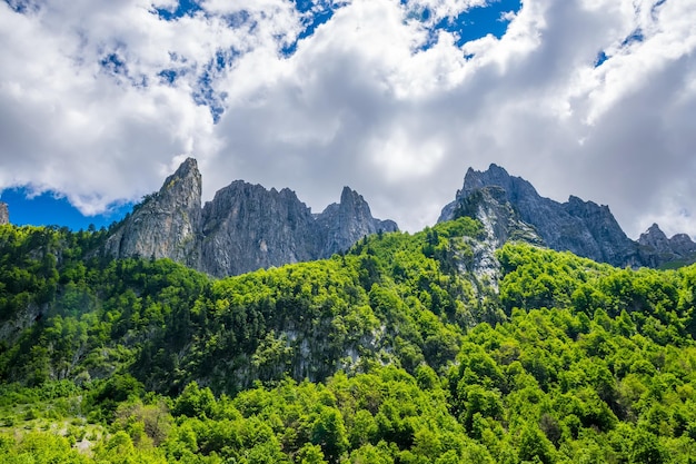 Picturesque snowcapped peaks of high mountains