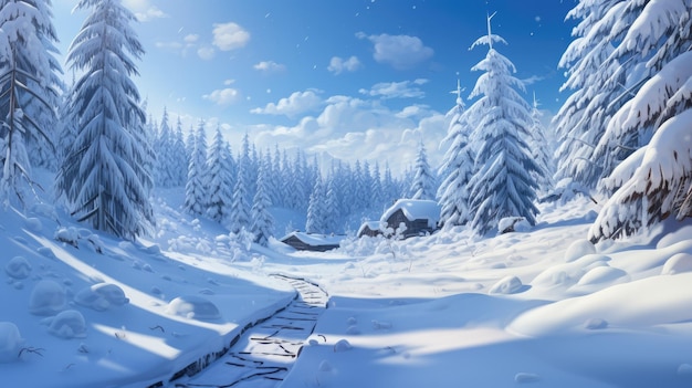 a picturesque snowy forest scene with a trail of footprints leading to a hidden cabin