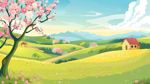 Photo a picturesque spring landscape with a charming house nestled in a field of wildflowers surrounded by