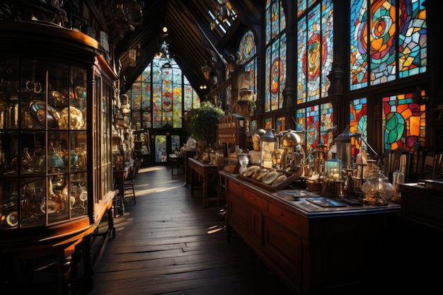 Picturesque store in gallery with stained glass curious artifacts generative IA