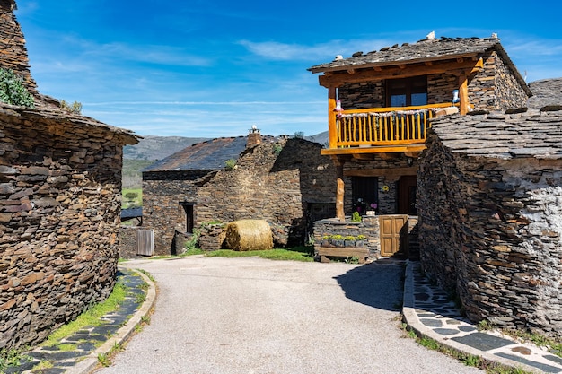 Picturesque streets with stone houses on the route of black villages Guadaljara Majaelrayo