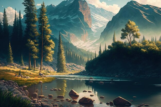 Picturesque summertime scene with river mountains and woods