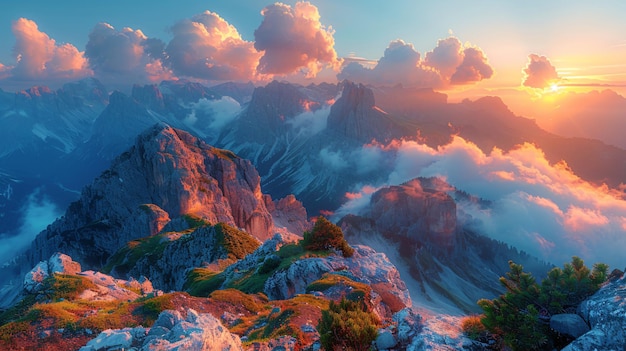 Photo a picturesque sunrise paints the high mountains of the alps with breathtaking beauty