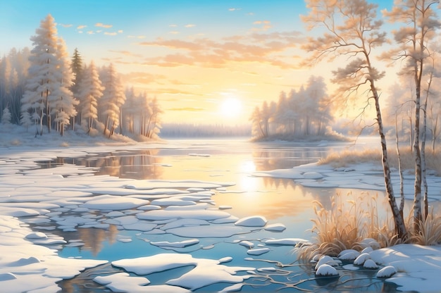 Foto pittoresca alba in una mattinata invernale nella foresta sulla riva del lago