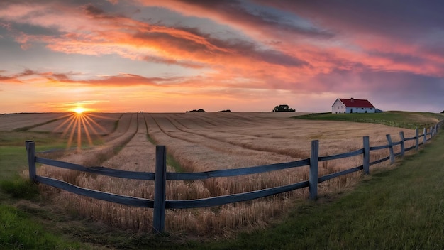 Picturesque sunset over harvested land in the country