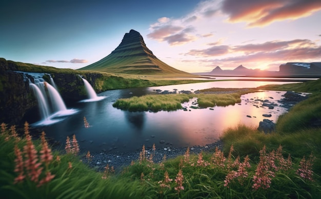 風景と滝に沈む絵のように美しい夕日 Kirkjufell 山アイスランド Generative AI