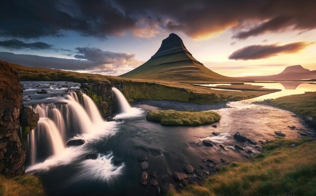 The picturesque sunset over landscapes and waterfalls Kirkjufell mountainIceland Generative AI