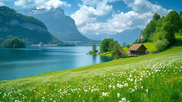 Picturesque Swiss lakeside with flourishing green meadows meeting the waters edge featuring detailed and realistic images of vibrant grass and serene mountainous views Generative AI