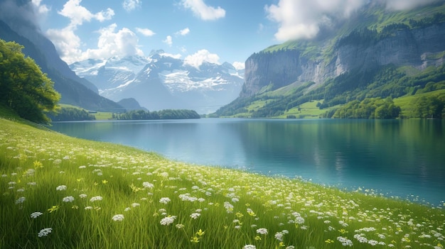 사진 화려한 스위스 산과 호수 풍경, 활기찬 푸른 초원과 호수 연안이 합쳐진 풍경, 울창한 풀과 알프스 풍경의 자연적인 화려함의 현실적인 묘사