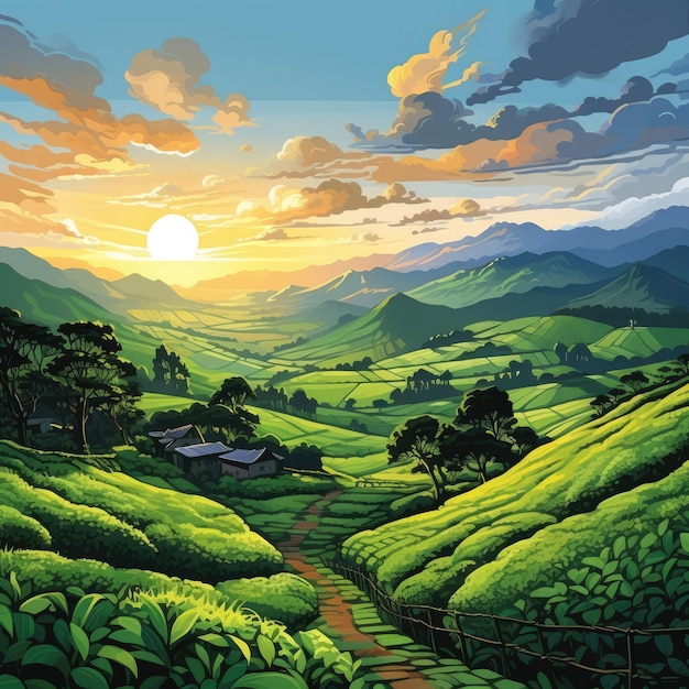 Картинная чайная плантация в Индонезии