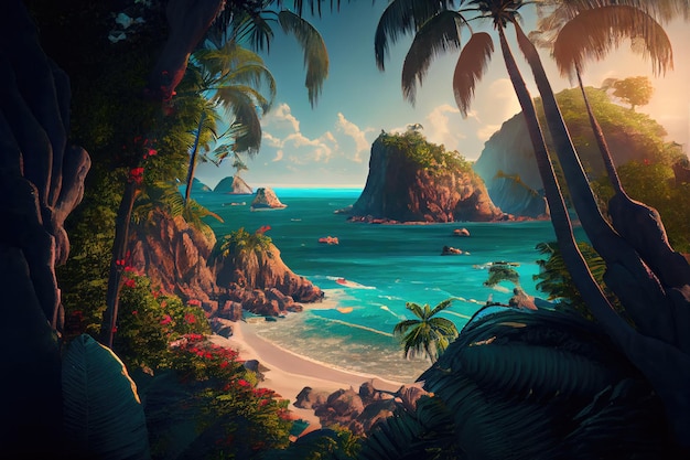 Живописное тропическое побережье с белым песком. Красивый дикий пляж. Пальмы. Солнце. Море. Генеративная иллюстрация AI.