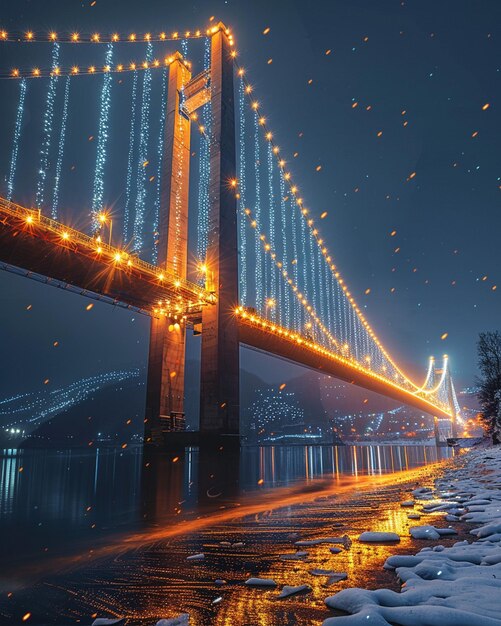 A picturesque view of a bridge illuminated with Eid lights