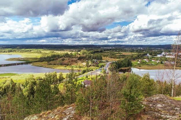 Picturesque view from the mountain to the bay in Karelia Northern nature Traveling in Russia