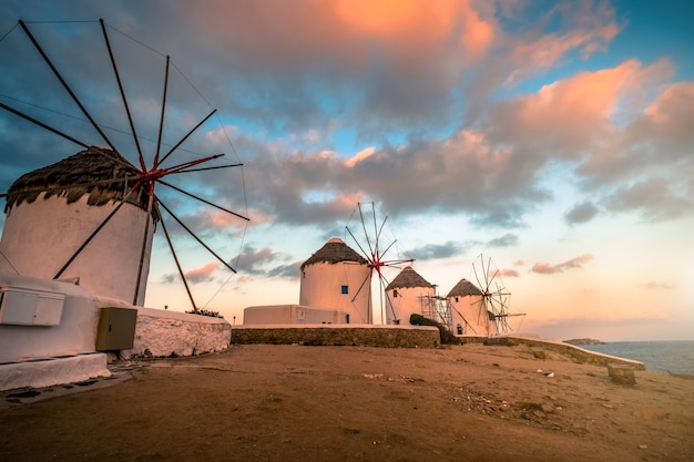 Picturesque view of Mykonos windmills at sunset