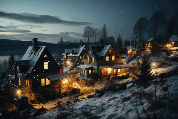 A picturesque view of snow covered houses their windows glowing with warmth against the backdrop of a starry night sky Generative AI