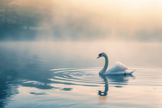 A picturesque view of a swan gliding through a mis generative ai