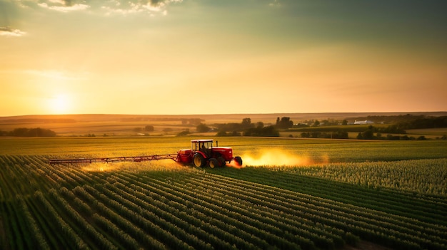 A picturesque view of a tractor spraying pesticides on a soybean field enhanced by warm golden hour lighting