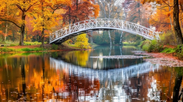 A picturesque view with a charming footbridge reflecting a colorful autumn landscape on the surface