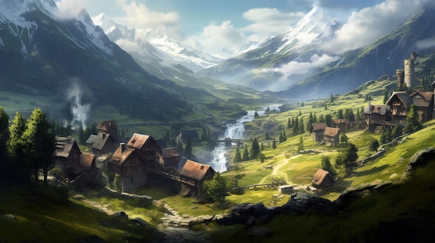 A picturesque village in a lush hilly grassy landscape