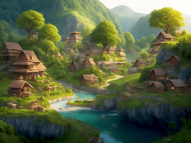 A picturesque village nestled among rolling hills in natural view ai generated