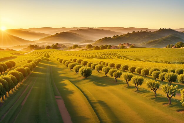 A picturesque vineyard in the golden hour with rows of vines stretching into the horizo