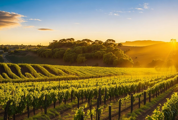 A picturesque vineyard in the golden hour with rows of vines stretching into the horizo