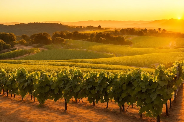 A picturesque vineyard in the golden hour with rows of vines stretching into the horizo