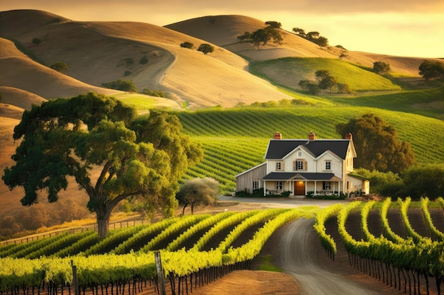 Picturesque vineyard with rolling hills covered in grapevines and a quaint farmhouse