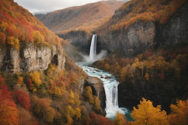 A picturesque waterfall nestled in a peaceful valley surrounded by colorful autumn foliage