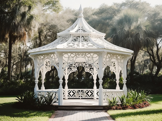 A picturesque white gazebo enhancing a home's exterior AI Generation