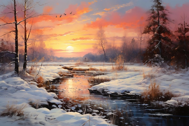 A picturesque winter landscape with a river snowcovered trees on the riverbank and a dramatic cloudy sky at sunset AI generation