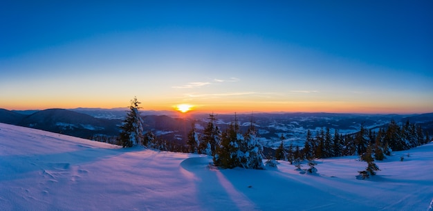 太陽と青い空と晴れた晴れた日に雪とモミの木で覆われた山の丘の美しい冬のパノラマ。手付かずの自然の美しさの概念。コピースペース