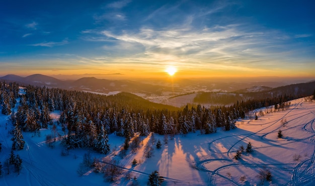 Picturesque winter panorama of mountain hills