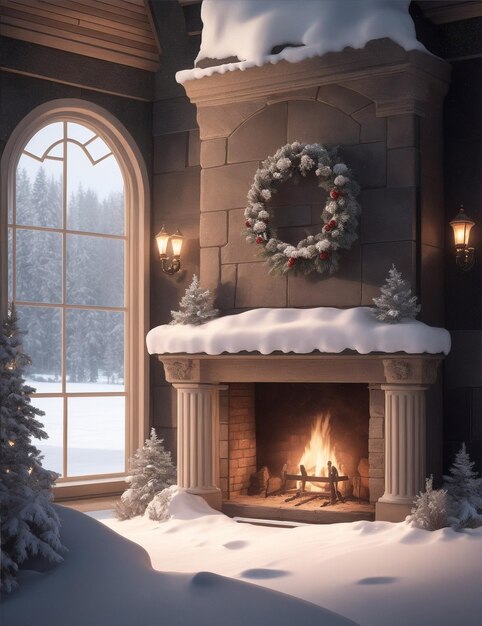 A picturesque winter scene with podium in the center illuminated by a warm and inviting fireplace