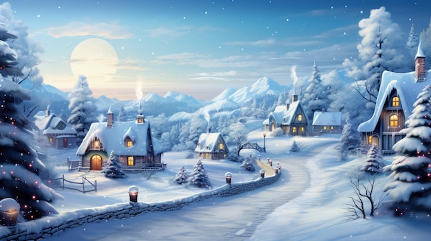 눈 덮인 오두막이 반짝이는 불빛과 중앙 크리스마스가 있는 그림 같은 겨울 마을